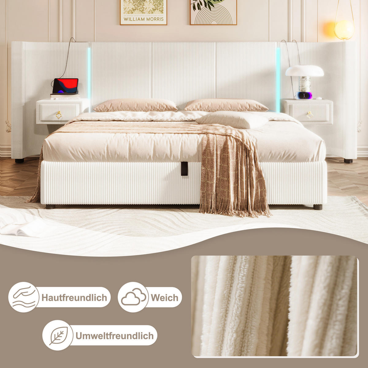 POLSTERBETT 180/200 cm Beige mit LED-Beleuchtung und hydraulischem Stauraum - Beige, Textil (180/200cm) - OKWISH