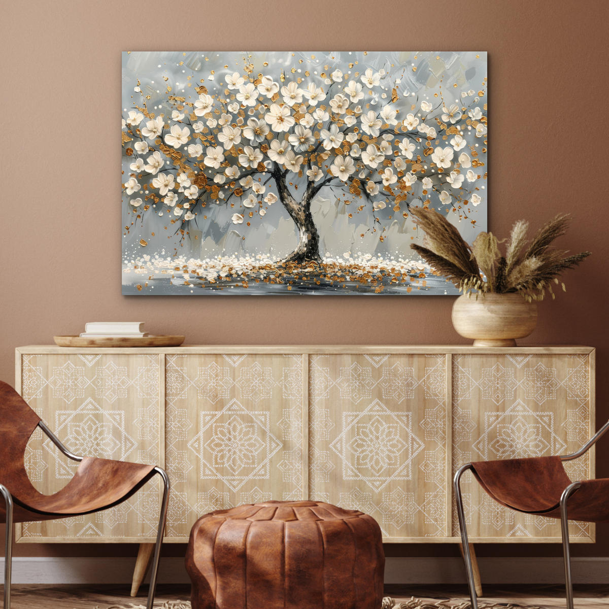 METALLBILD Baum - Blumen - Weiß - Natur - Kunst 120x80 cm - Weiß, Metall (120/80cm) - MuchoWow