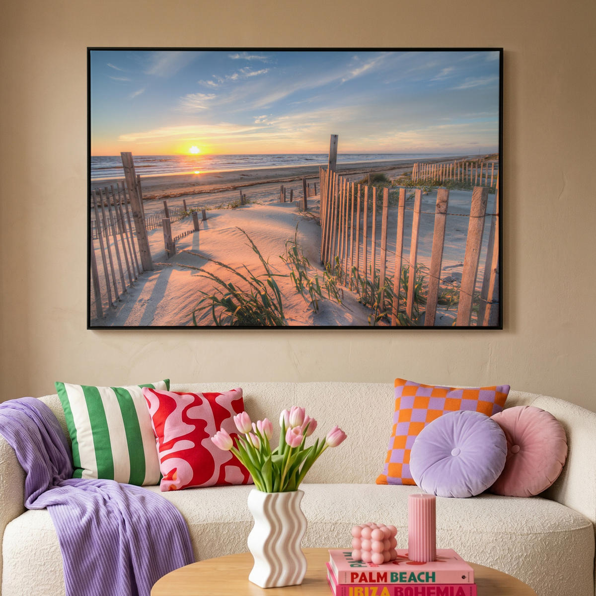 LEINWAND Bilder mit Rahmen - Strand - Meer - Düne - Sonnenuntergang - Landschaft - 120x80 - Beige, Textil (120/80cm) - MuchoWow
