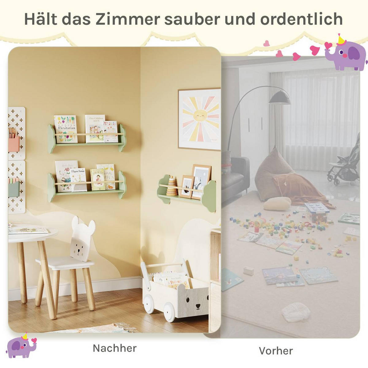 KINDER-WANDREGAL 3er Set, Kiefernholz, 65 x 12,7 x 23cm, Grün - Grün, Holz/Holzwerkstoff (65/23/12.7cm) - Woltu