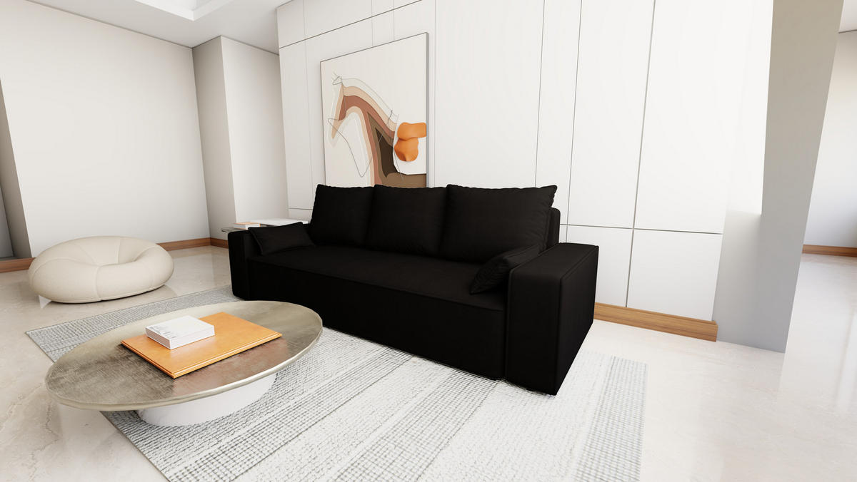 SOFA Veno mit Bettkasten und Schlaffunktion, Velourstoff - Schwarz, Holzwerkstoff (242/85/95cm)