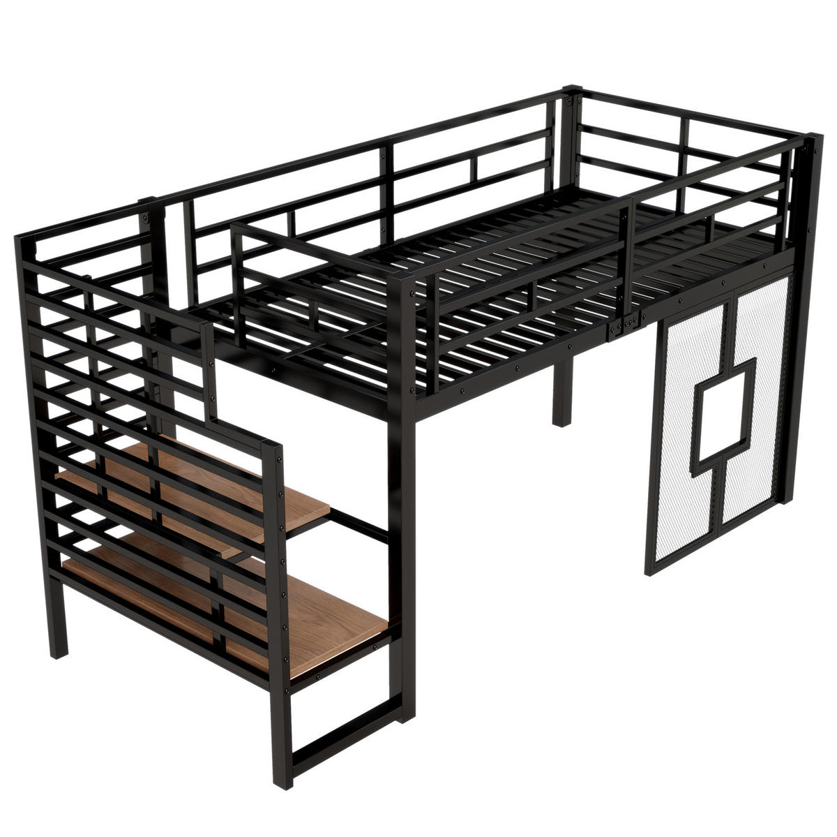HOCHBETT 90x200 cm in Schwarz mit Stauraumtreppe, LED-Beleuchtung und Fenstern - Schwarz, Metall (90/200cm) - IVMEU