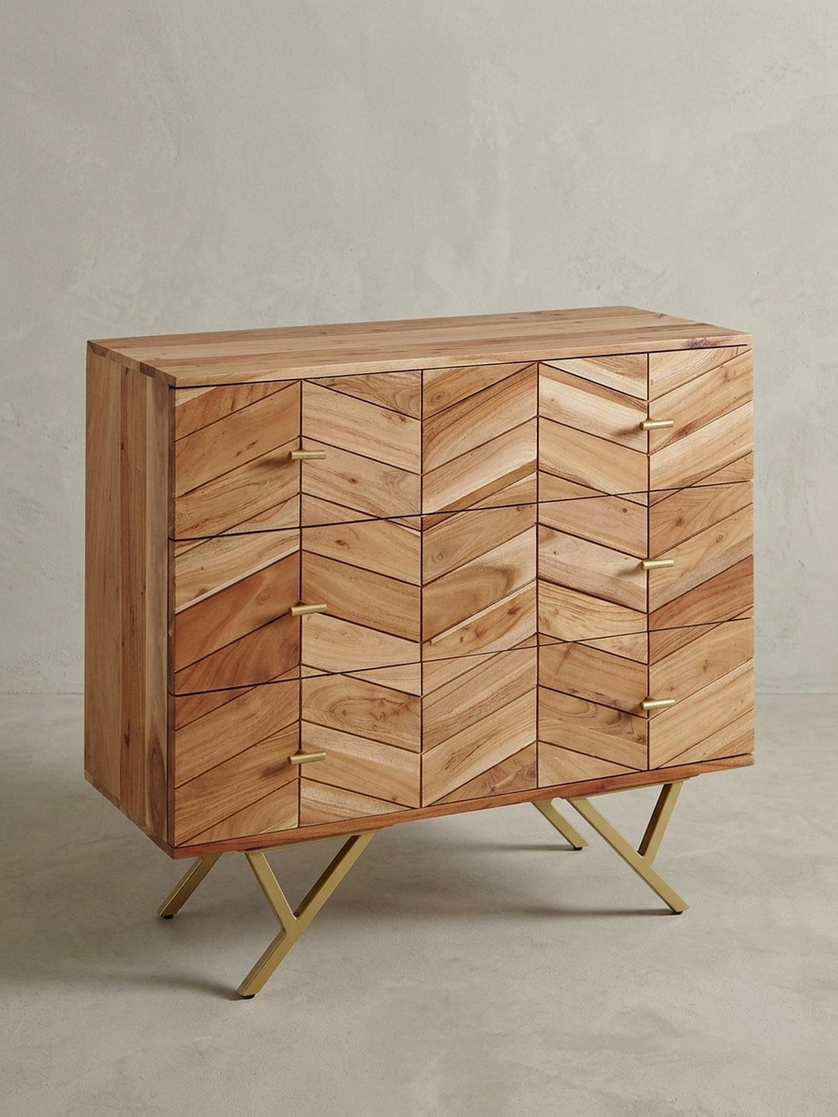 SIDEBOARD – Akazie Massivholz, rustikal, mit Muster, Landhausstil - Beige/Goldfarben, Holz/Metall (90/86/40cm) - KADIMA DESIGN