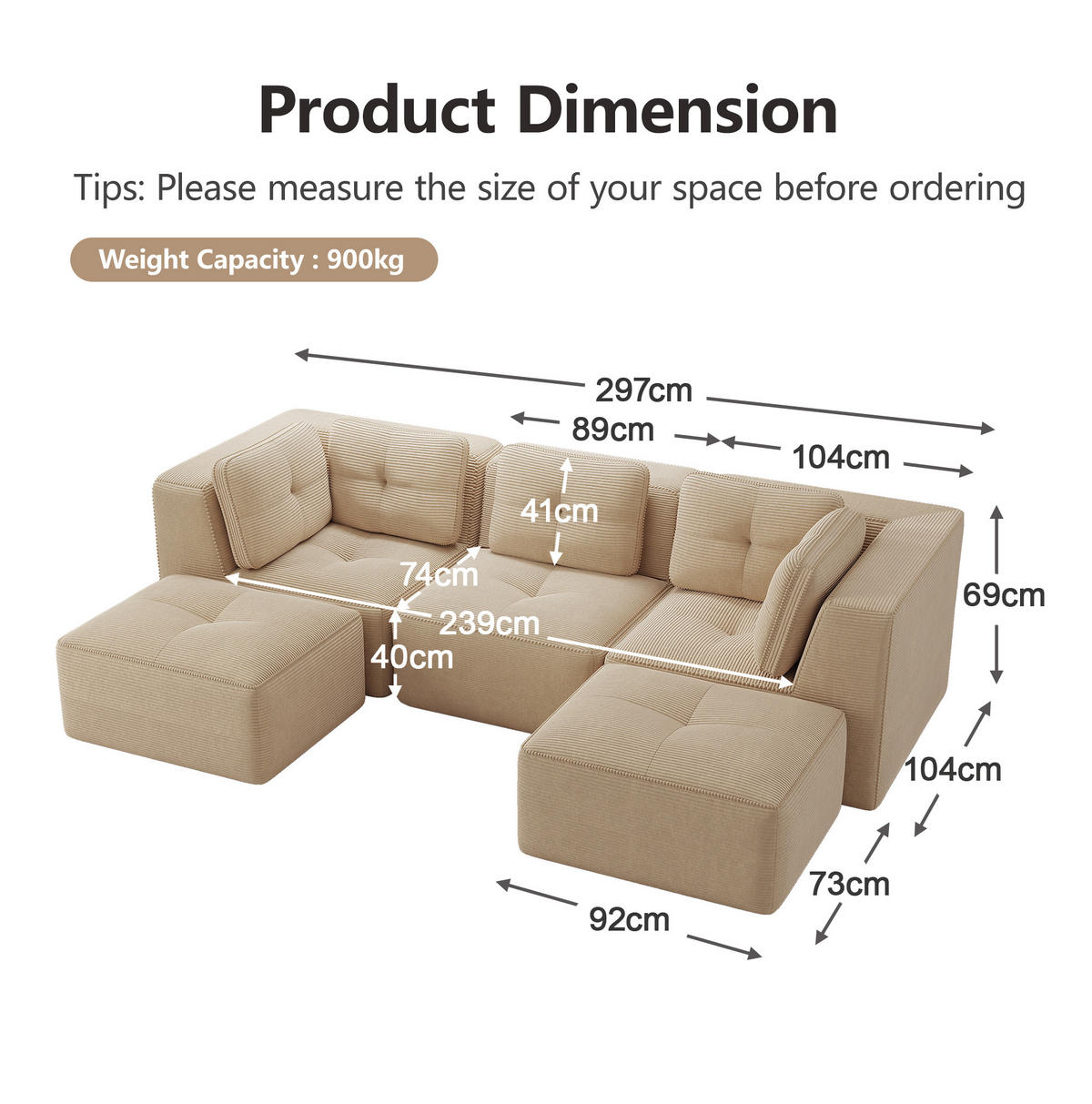 ECKSOFA 297/177/69 cm beige aus Cord mit modularem Aufbau und tiefer Sitzfläche - Beige, Textil (177/297cm) - OKWISH