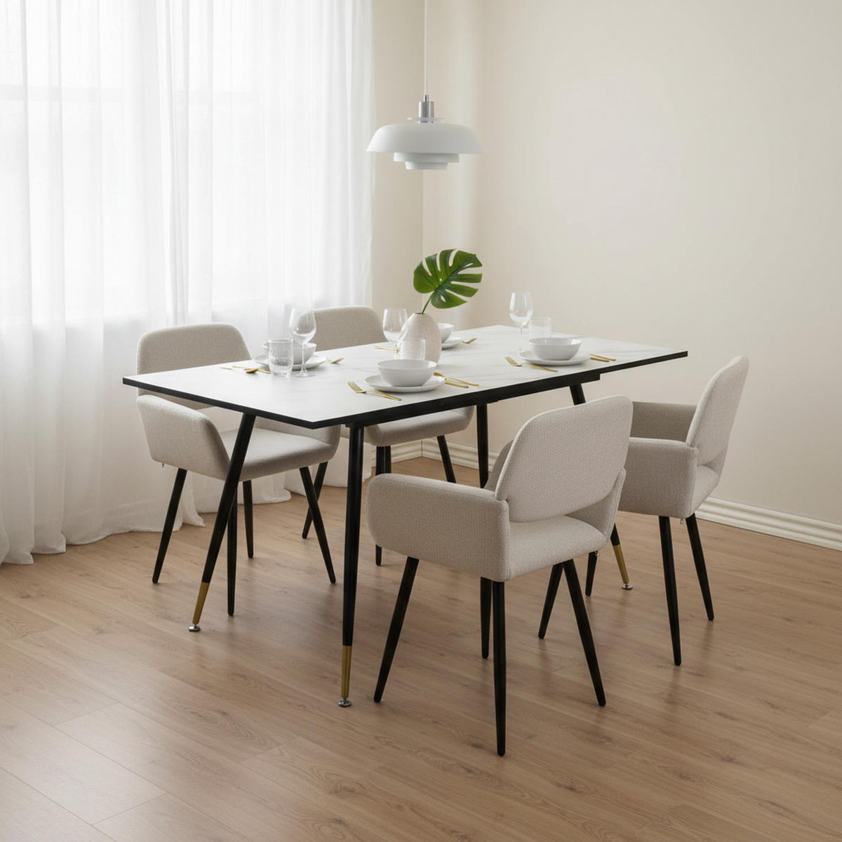 ESSZIMMER SET mit ausziehbarem Tisch und 4 bequemen Stühlen - Beige, Holzwerkstoff/Metall (80/75/160cm) - Urban Meuble