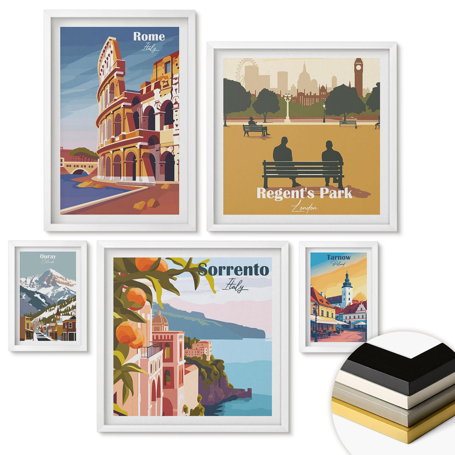 WANDBILDER 5er-Set - 50x50 cm & 20x30 cm & 40x60 cm Weißer Rahmen - Boho-Papaya-Fruchtmuster - Weiß, Kunststoff (40/60cm) - ArtPrintCave