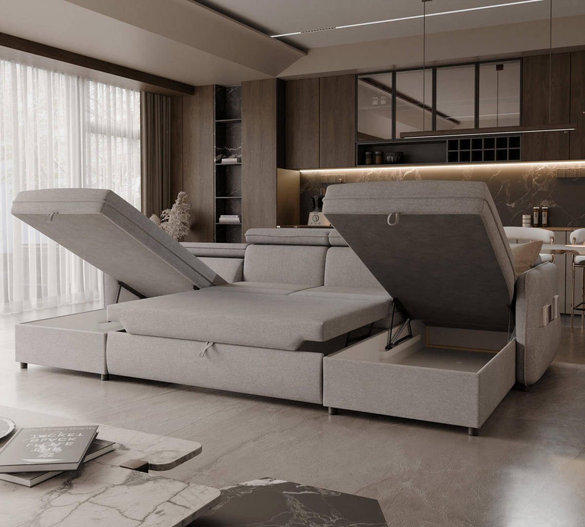 WOHNLANDSCHAFT BENI mit Schlaffunktion und Bettkasten Beige - Beige/Schwarz, Kunststoff/Textil (286/60/166cm) - Idohome