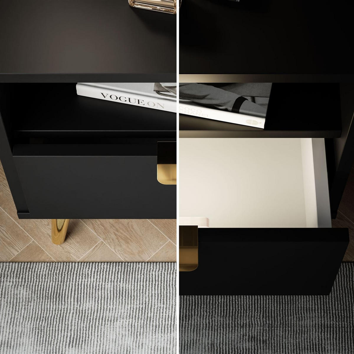 NACHTTISCH ALDO mit LED-Beleuchtung schwarz - Schwarz, Holzwerkstoff (38/46/33cm) - Lookway