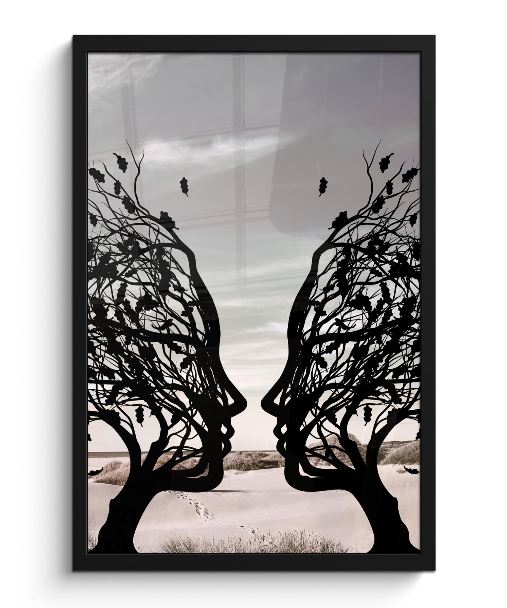 GERAHMTES BILD Strand - Meer - Menschen - Baum - Moderne Kunst 40x60 cm - Hellgrau, Papier (40/60cm) - MuchoWow
