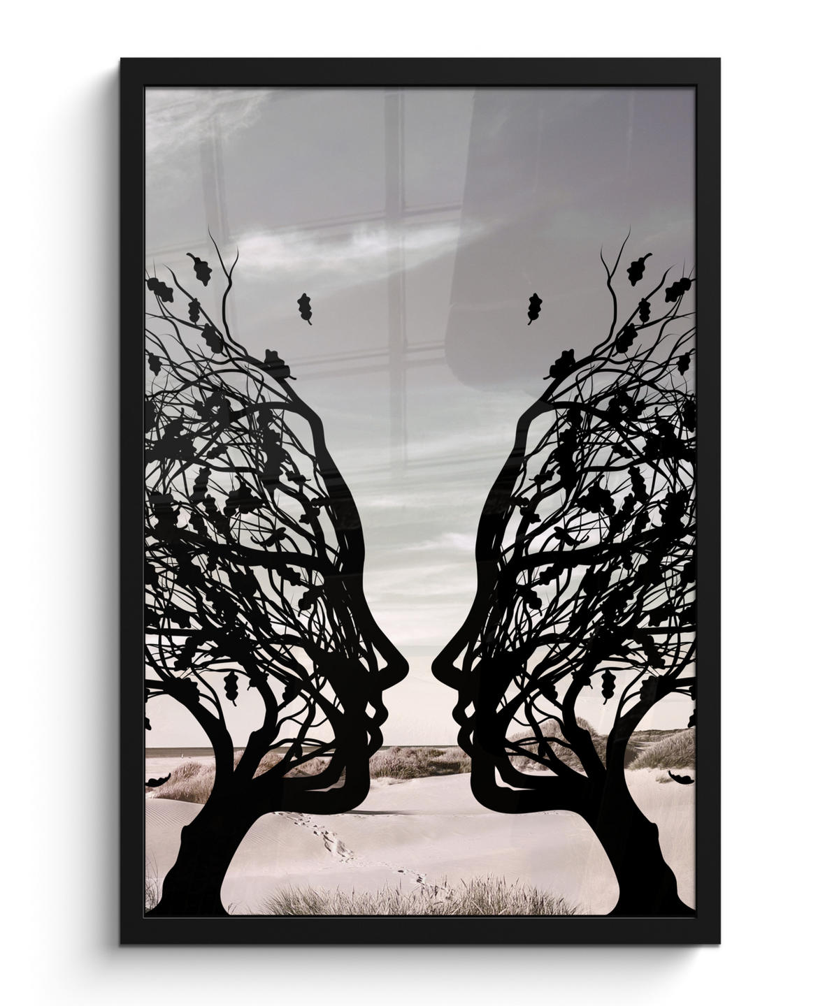 GERAHMTES BILD Strand - Meer - Menschen - Baum - Moderne Kunst 40x60 cm - Hellgrau, Papier (40/60cm) - MuchoWow
