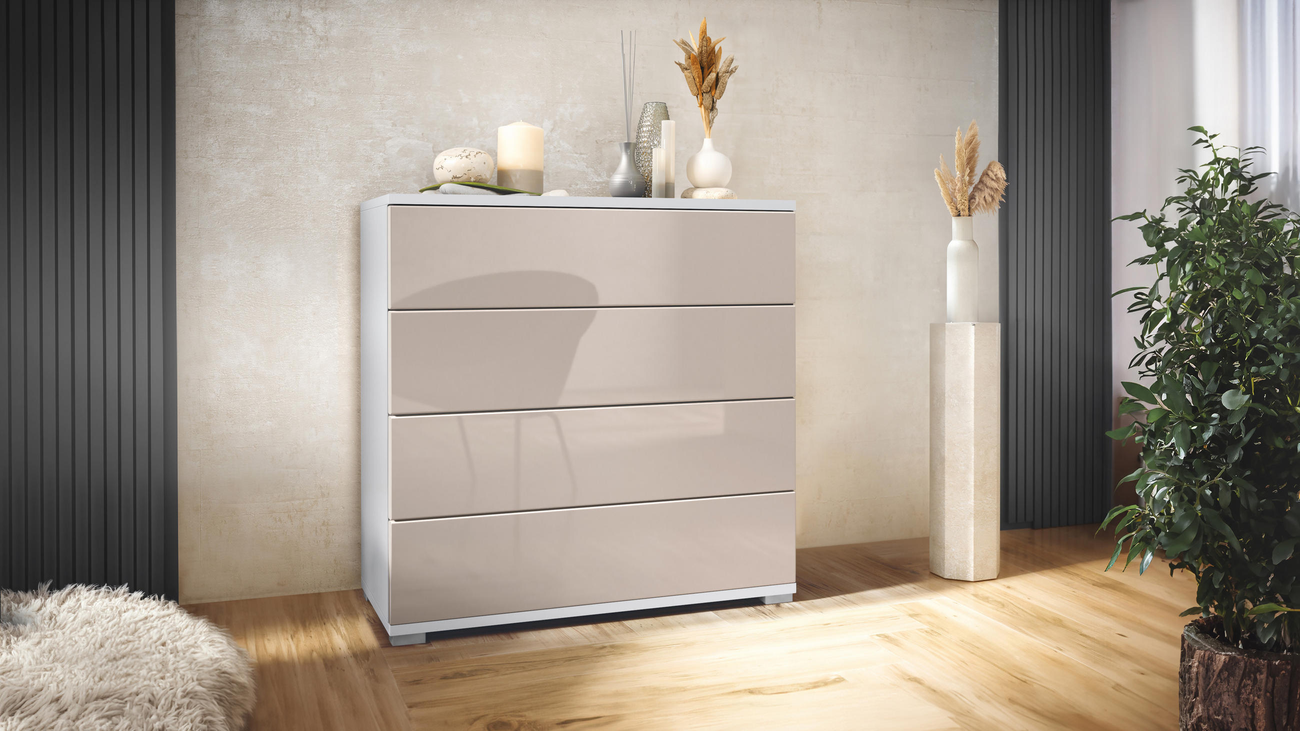 KOMMODE Pavos Sandgrau Hochglanz - Sandfarben, Holzwerkstoff (76/76/35cm) - Vladon