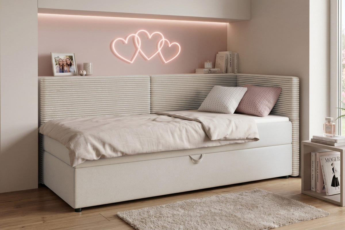 BOXBETT MILA 100/200 in Cord/Velours Ecru H3 rechts - Ecru, Holz/Holzwerkstoff (100/200cm) - Deine Möbel 24