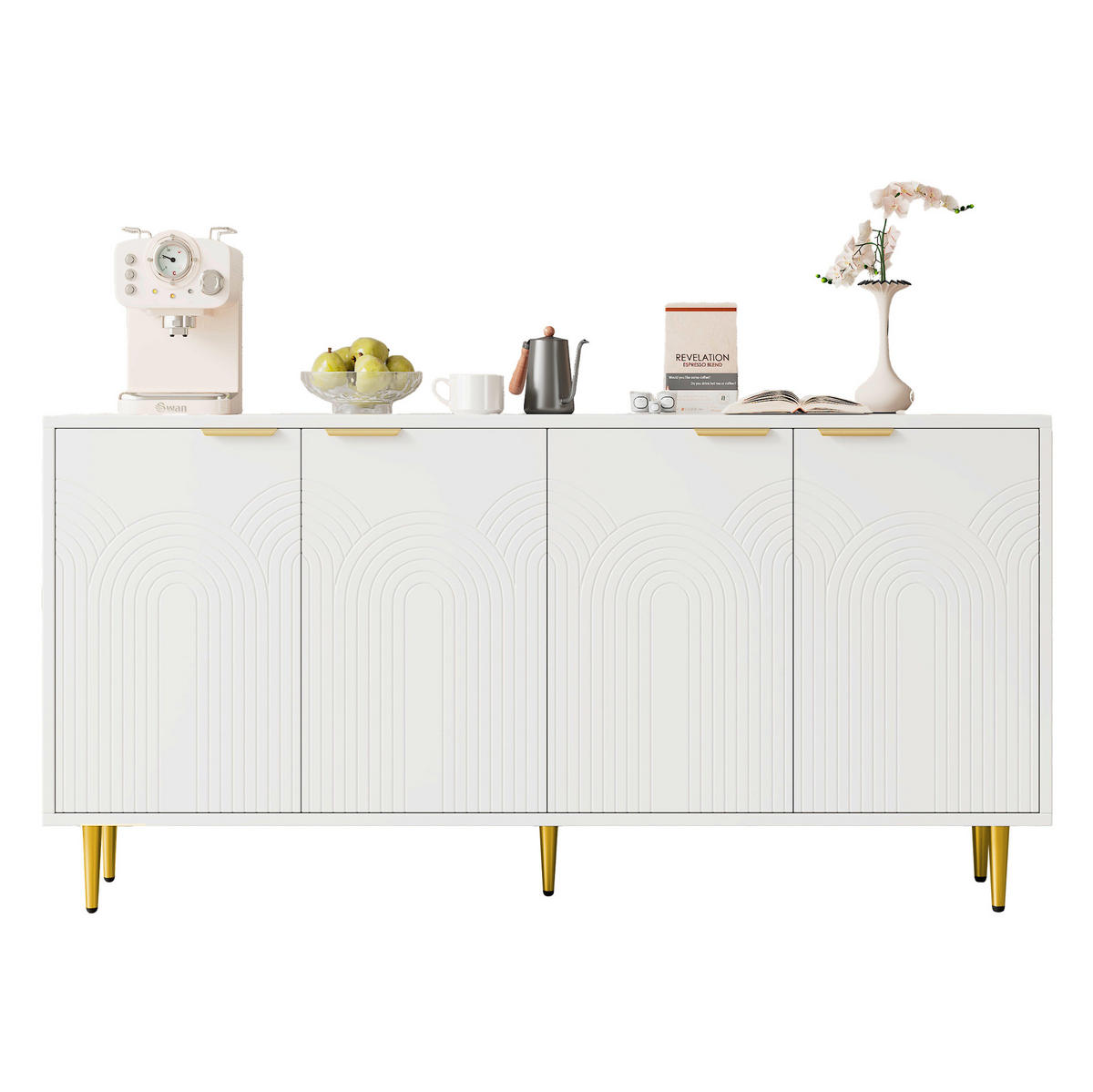SIDEBOARD 160/40/80 cm mit 4 Türen in Weiß mit goldfarbenen Griffen - Weiß, Holzwerkstoff (160/80/40cm) - BEAOK