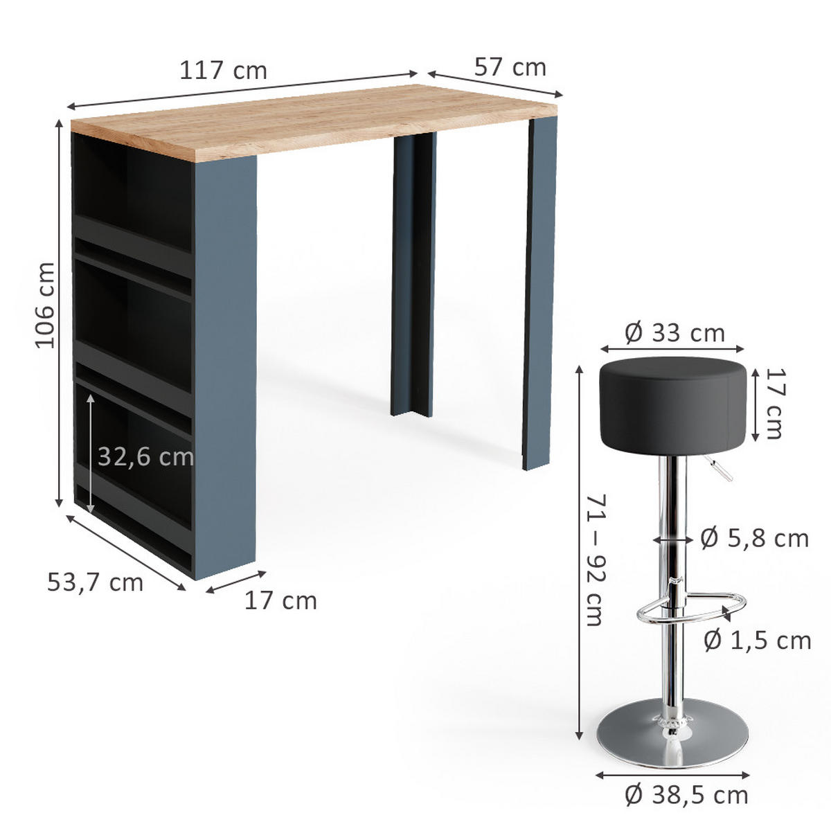 BARTISCH-SET Eiche 57 x 117 cm mit 2 Barhockern - Eichefarben, Holzwerkstoff (57/106/117cm) - Vicco