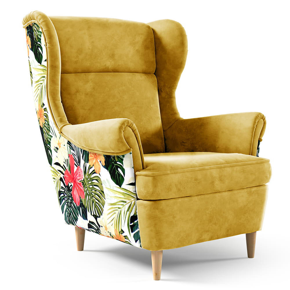 OHRENSESSEL Havana im skandinavischen Stil, Gelb - Gelb/Buchefarben, Holzwerkstoff (82/102/92cm) - Beautysofa