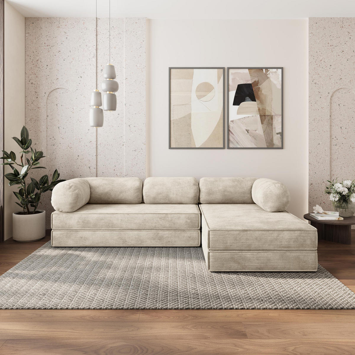 ROHOVÁ SEDAČKA ETERA modulární Boneless pohovka s funkcí spaní, krémová POSO 100 - krémová, textil (270/160cm) - MASSENO