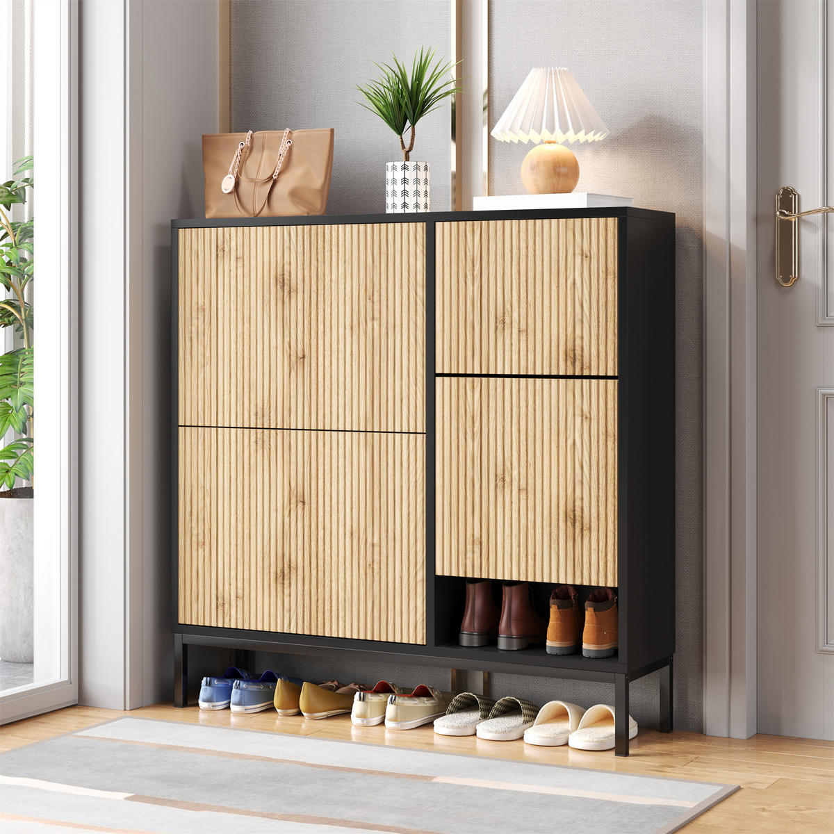 SCHUHSCHRANK geriffeltes Türdesign mit Sitzbank und flexibler Innenaufteilung stabil funktional - Schwarz/Naturfarben, Holzwerkstoff/Metall (100/100/25cm) - EVRYAE