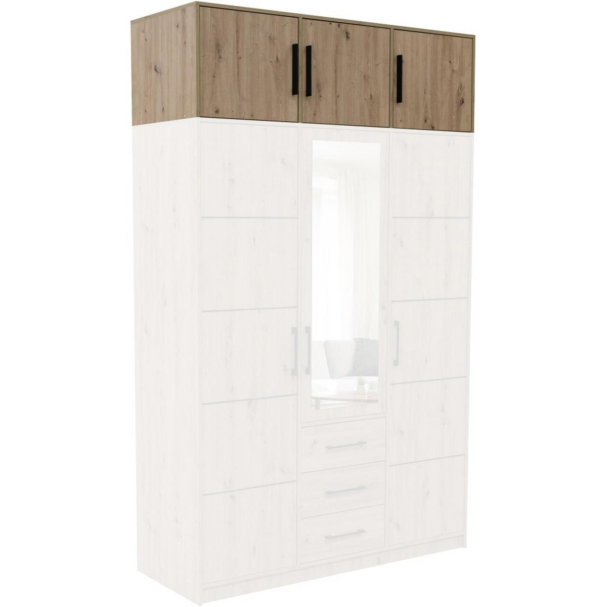 DREHTÜRENSCHRANK Kavo mit Aufsatz, Spiegel und 3 Türen, eiche Sonoma - Schwarz/Sonoma Eiche, Holzwerkstoff (150/245/58cm) - Beautysofa