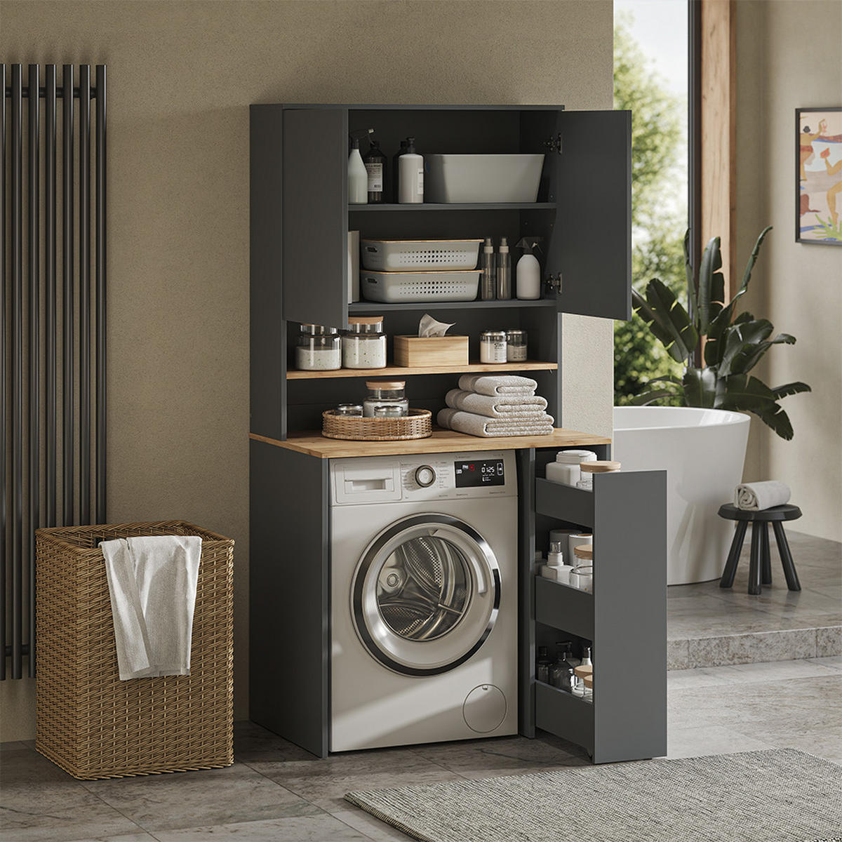 WASCHMASCHINENSCHRANK Viktor, Anthrazit/Goldkraft Eiche, 93.6 x 88.2 cm 2 Teile mit Rollregal - Honigeiche/Anthrazit, Holzwerkstoff (93.6/88.2/60cm) - Vicco