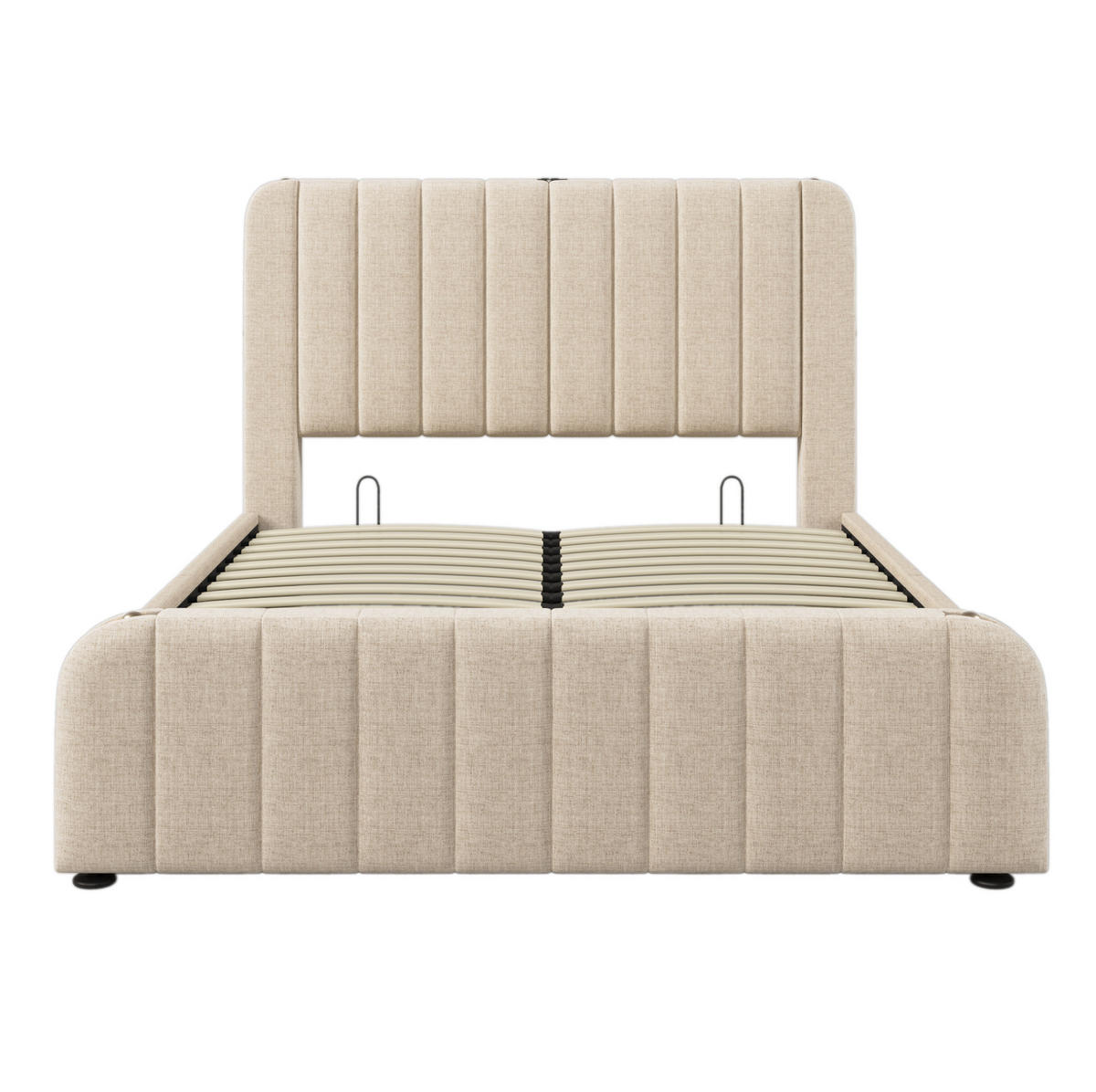 POLSTERBETT aus Leinen 140x200 cm Beige mit Stauraum, USB- und USB-C-Anschluss und Matratze - Beige, Textil (140/200cm) - IVMEU