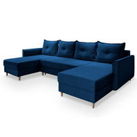 WOHNLANDSCHAFT VERNI Blau Plüsch-Stoff mit Schlaffunktion - Blau, Holz (285/91/143cm) - MASSENO