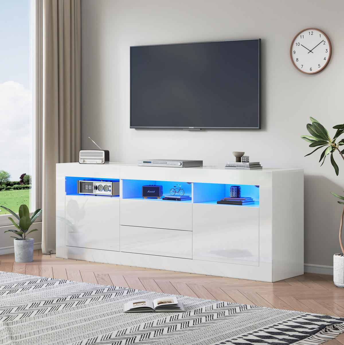 TV-SCHRANK aus Spanplatte 160x35x60 cm Weiß mit LED-Beleuchtung, App-Steuerung, Push-to-Open und Kabelmanagement - Weiß, Holzwerkstoff (160/60/35cm) - Modfu
