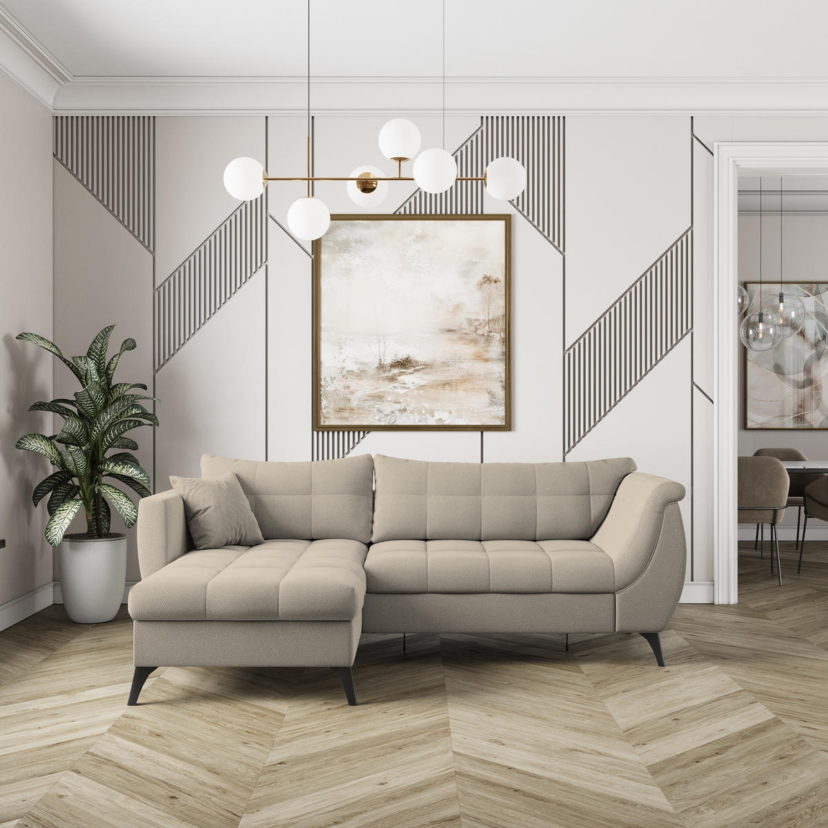 ECKSOFA MOLLIS Beige Geflochtener-Stoff mit Schlaffunktion - Beige, Holz (241/154cm) - MASSENO