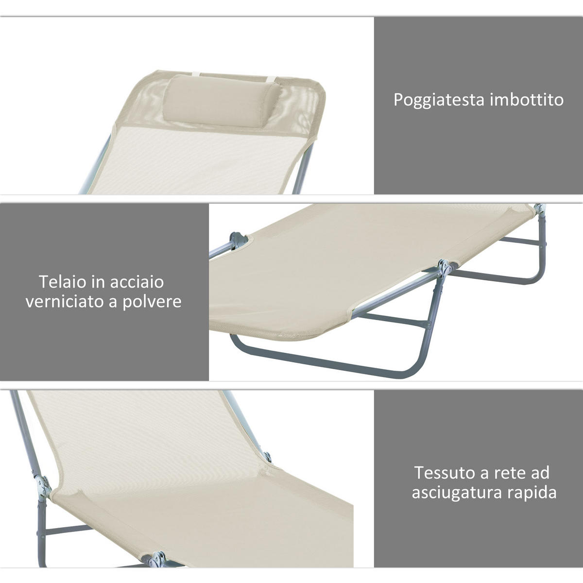 SONNENLIEGE Set aus 2 klappbaren mit 4-fach verstellbarer Rückenlehne, Beige - Beige, Metall (56/86/137cm) - Vallsero