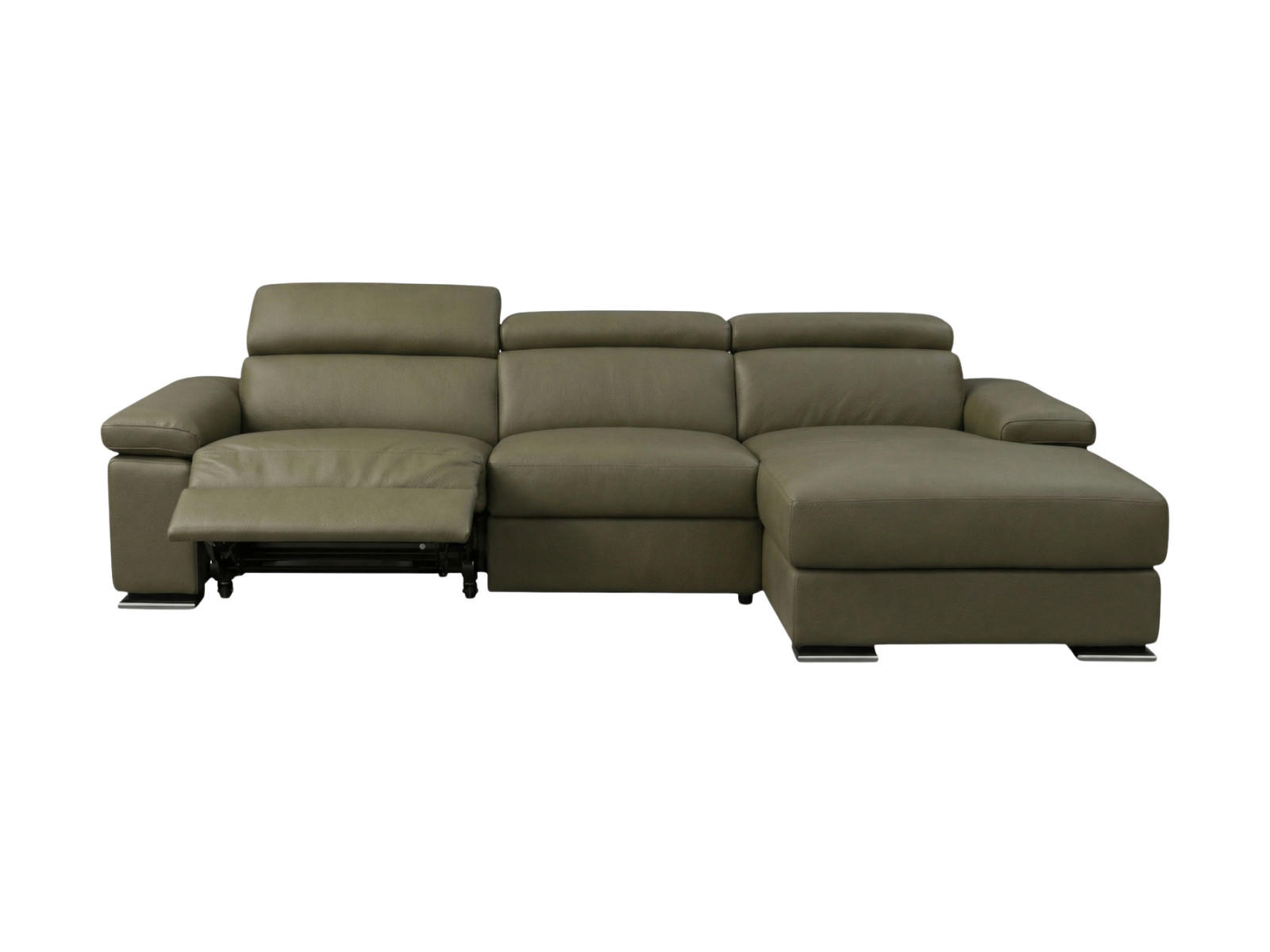 ECKSOFA Plutone Echtleder mit 1 x Relaxfunktion Olivgrün - Olivgrün, Leder/Metall (165/286cm)