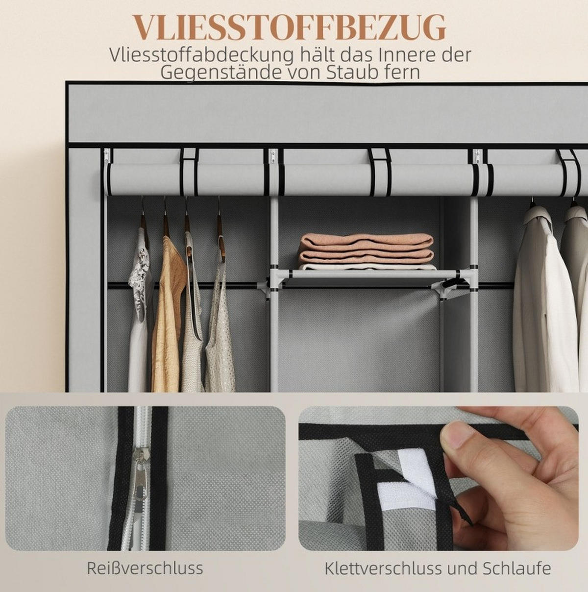 KLEIDERSCHRANK aus Stoff 125x43x162,5 cm Hellgrau mit 8 Fächern, 2 Kleiderstangen und Staubschutz - Hellgrau, Textil (125/162.5/43cm) - Modfu