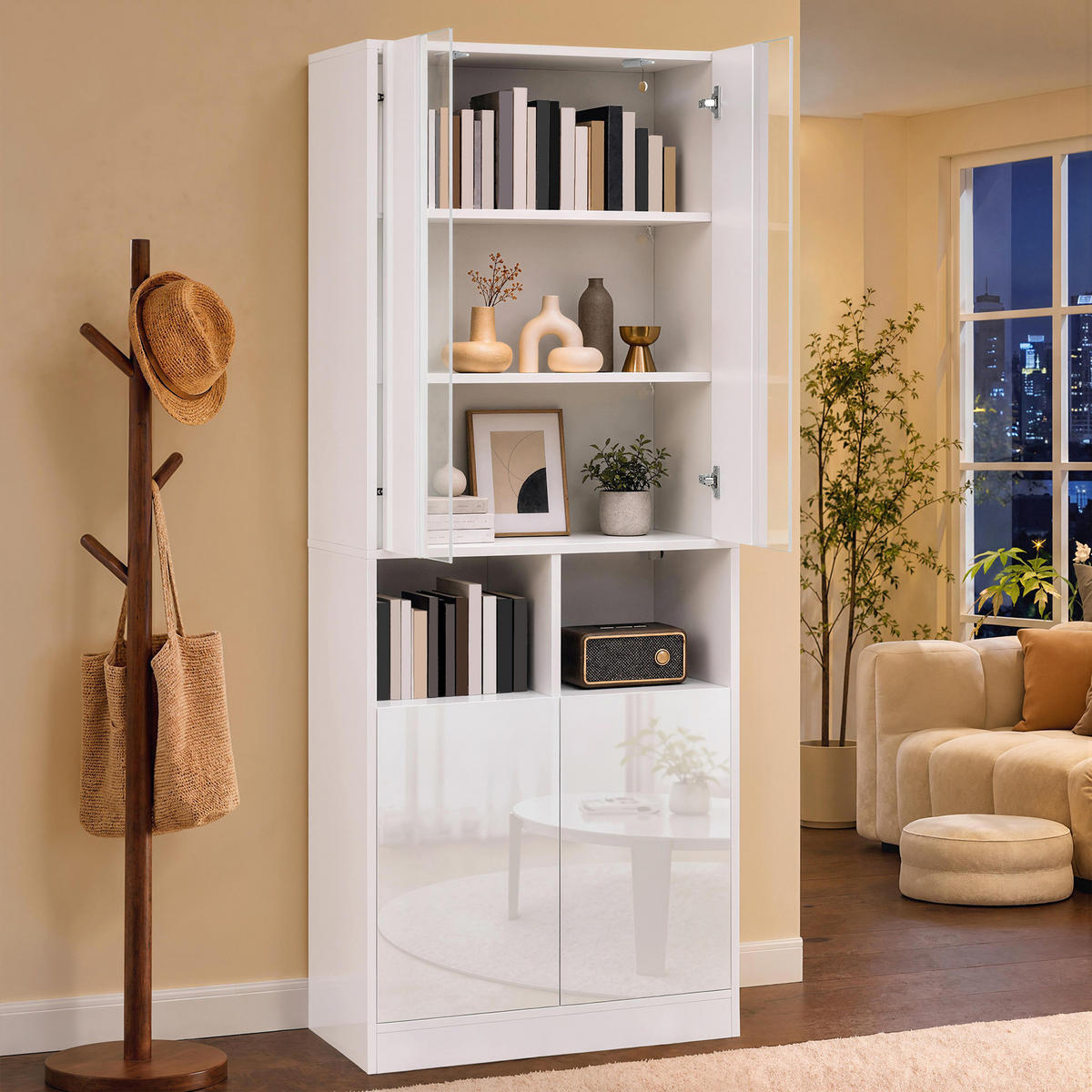 HOCHSCHRANK mit Acrylglas, LED und 2 Türen - Weiß, Holzwerkstoff (70/180/35cm) - FLIEKS