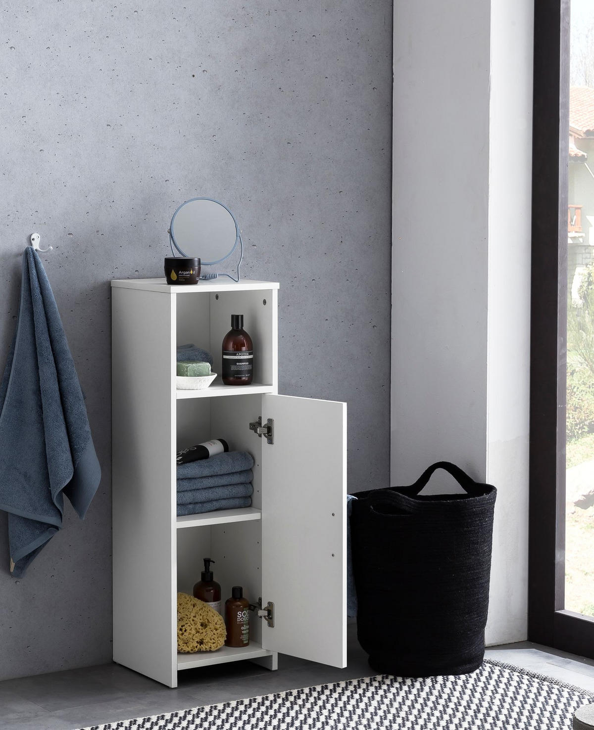 BADSCHRANK Weiß 30x95,5x30 cm aus Melamin mit kratzfester Oberfläche - Schwarz/Weiß, Holz/Metall (30/96/30cm) - KADIMA DESIGN