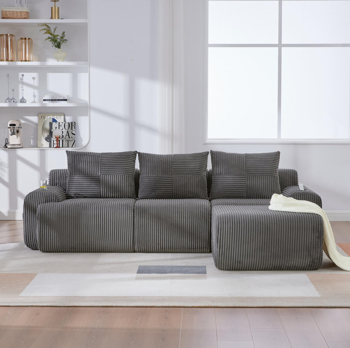MODULARES Cordsofa 3-Sitzer mit Hocker Getränkehalter und Tasche 268/174/80 cm Dunkelgrau - Dunkelgrau, Textil (174/268cm) - Redom