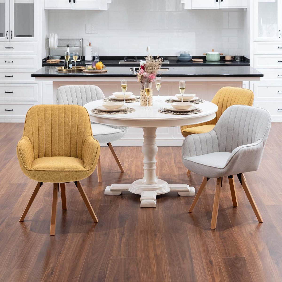 ARMLEHNSTUHL-SET 4 Stück drehbar in Webstoff - Gelb/Buchefarben, Holz/Textil (57/83/56cm) - Meubles Cosy