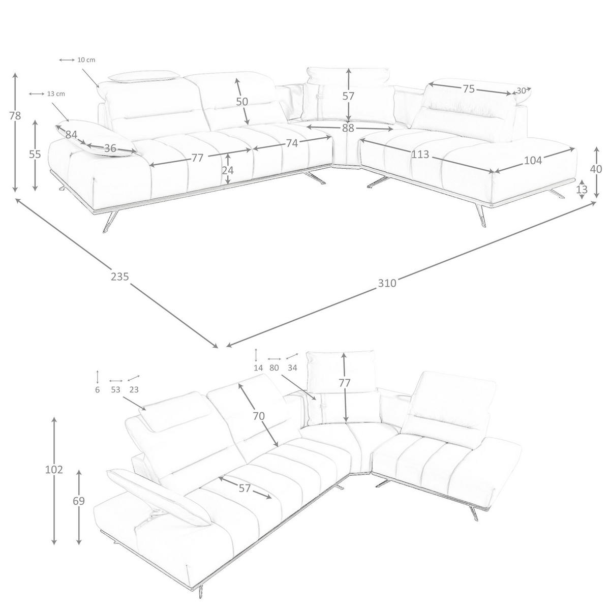 ECKSOFA Rechtsseitiges Ecksofa aus hellgrauem Leder 310/235/102 cm - Chromfarben/Dunkelgrau, Leder/Metall (310/235cm) - ANGEL CERDA