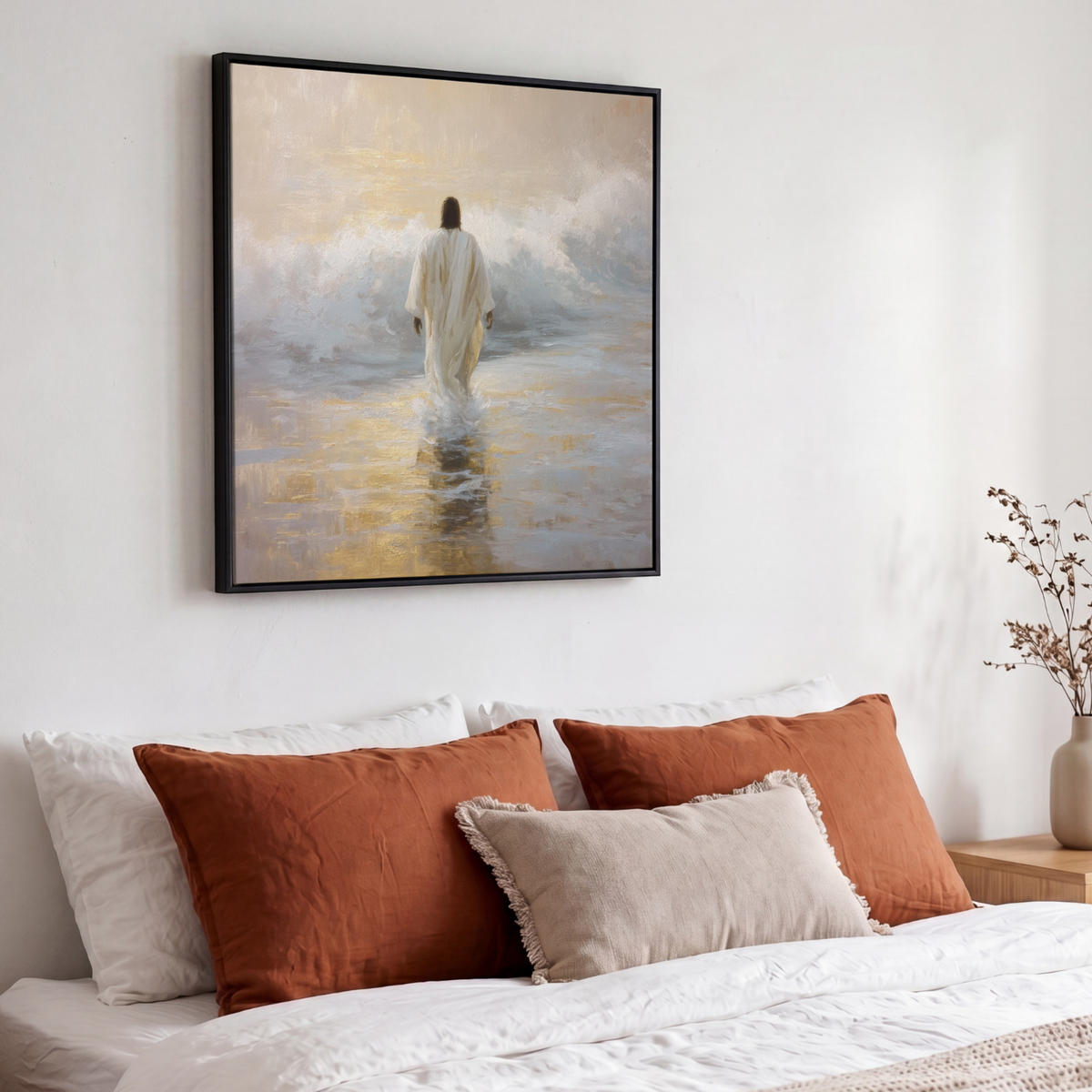 LEINWAND Bilder mit Rahmen - Gemälde - Welle - Jesus - Abstrakt - 50x50 - Goldfarben, Textil (50/50cm) - MuchoWow
