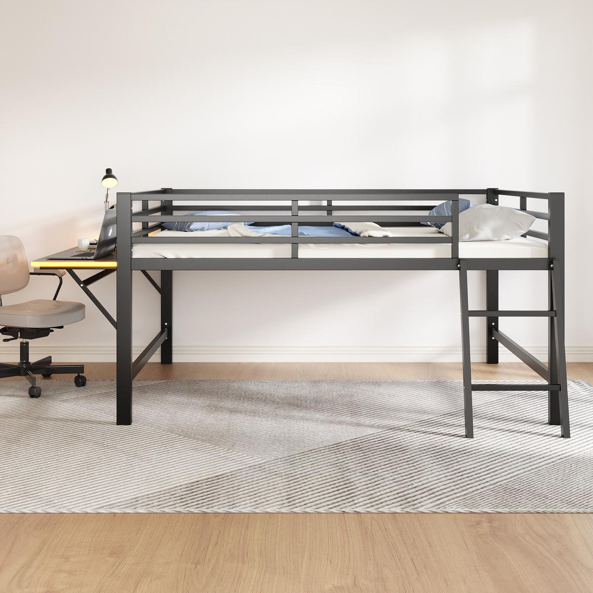 FLACHBETT 140x200cm Schwarz Metall Geländer Schreibtisch LED-Licht - Schwarz, Metall (140/200cm) - FLIEKS