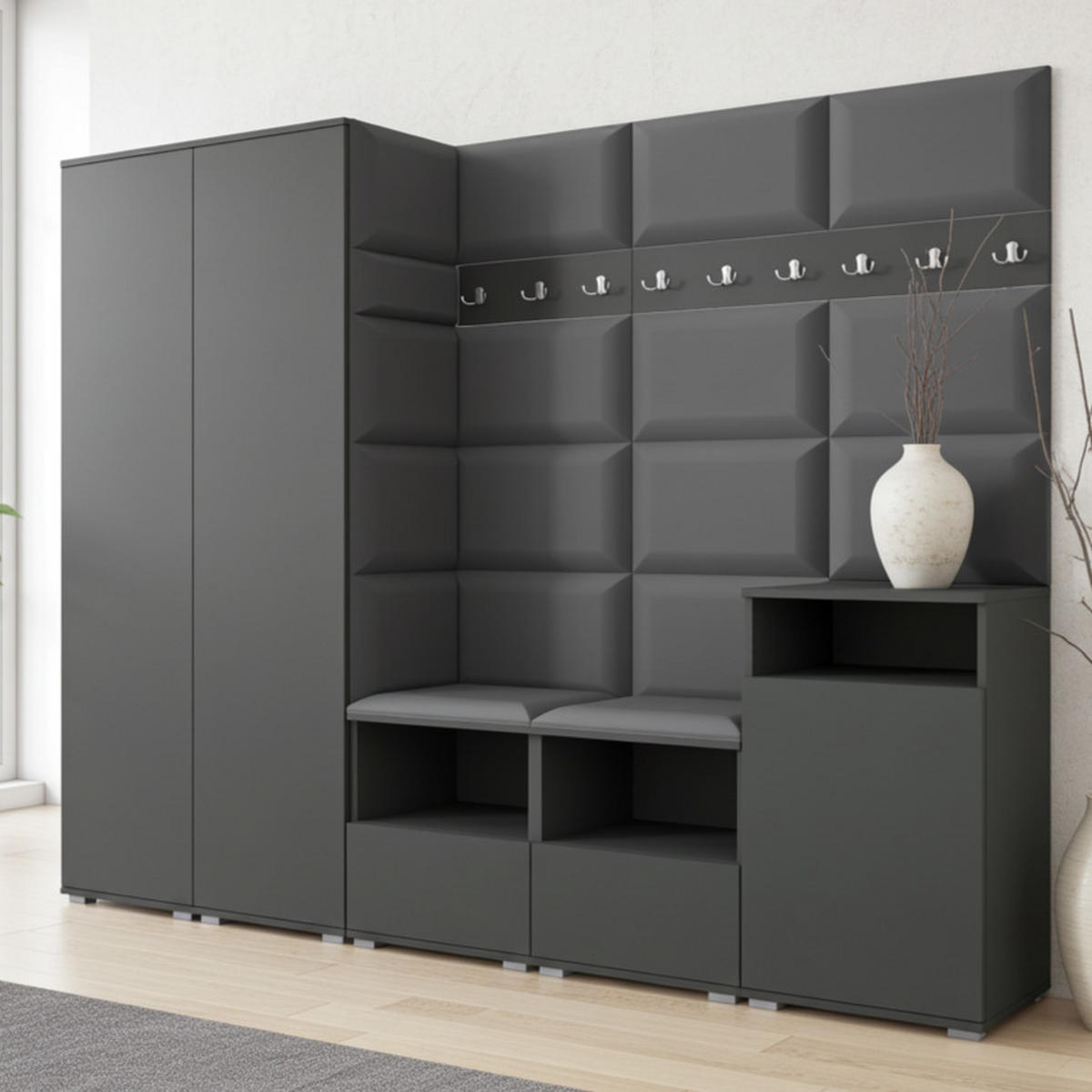 GARDEROBE NELA VIII 250 cm (Modulare Flurmöbel Graphit mit Sitzpolster Dunkelgrau 15 2 Schränke + Sideboard) - Dunkelgrau/Silberfarben, Holz/Holzwerkstoff (250/187/40cm) - Ravio