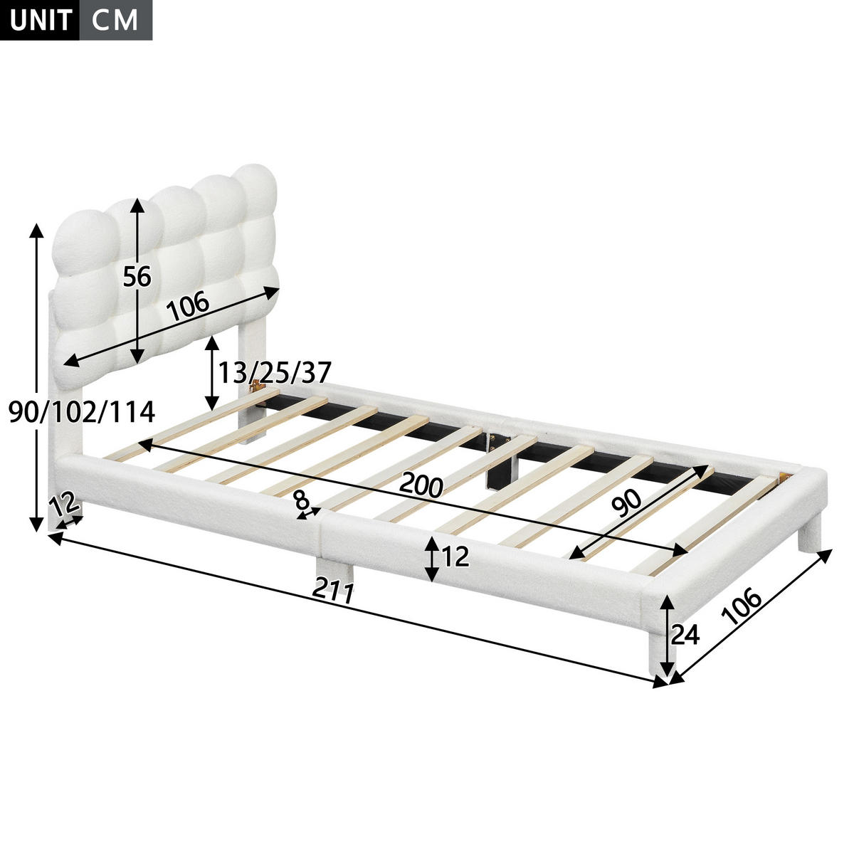 POLSTERBETT 90/200 cm mit verstellbarem Kopfteil in Weiß - Weiß, Textil (90/200cm) - OKWISH