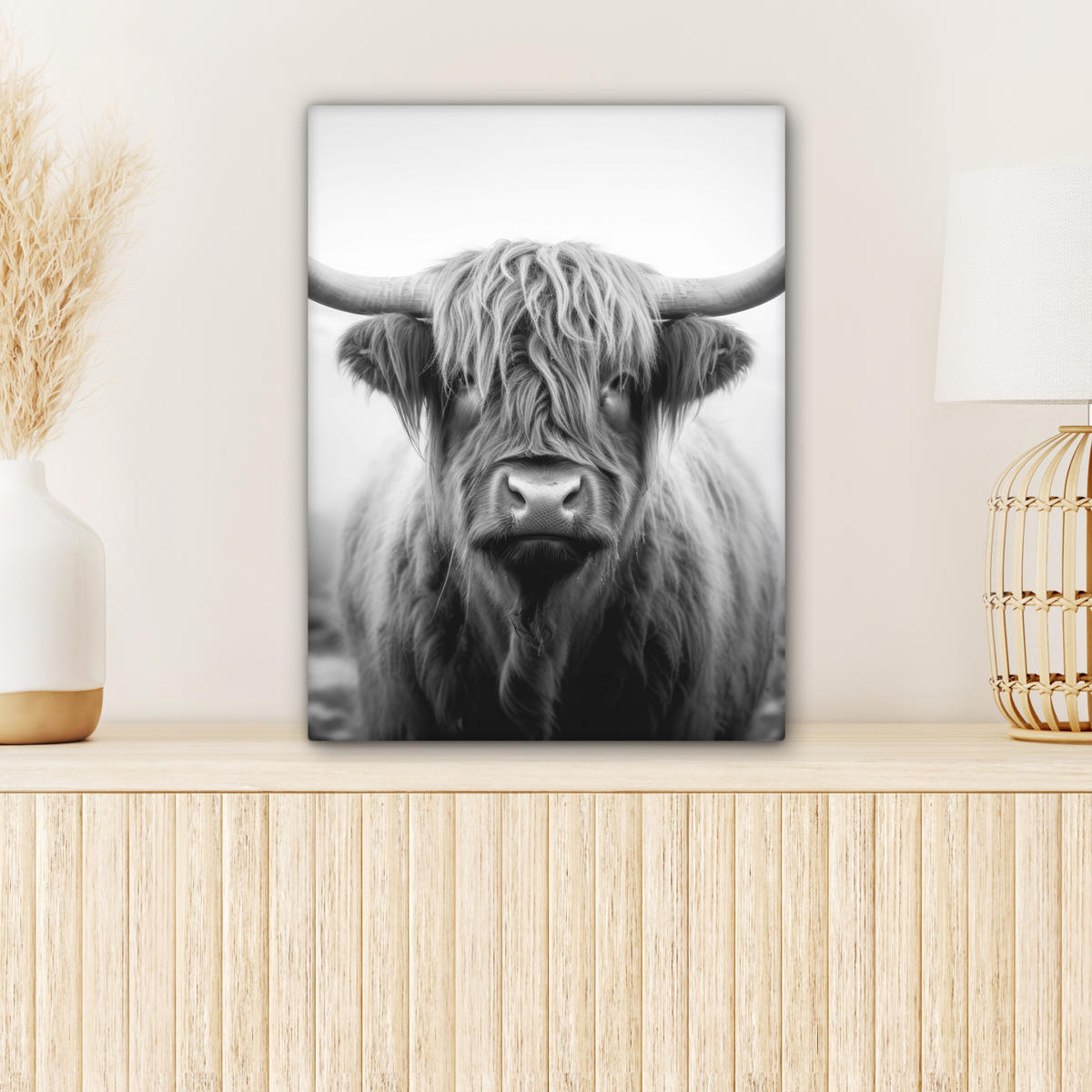 LEINWANDBILD - Schottischer Highlander - Nebel - Schwarz - Weiß - 30x40 - Bilder - Grau, Textil (30/40cm) - MuchoWow