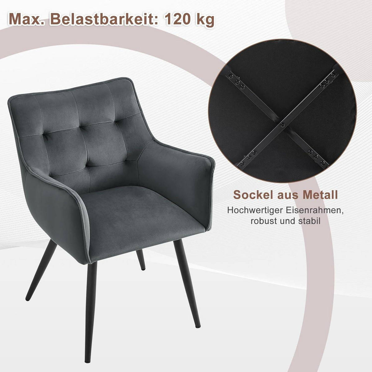 ESSZIMMERSTUHL 4er Set, mit Samtbezug, Dunkelgrau - Dunkelgrau/Schwarz, Textil/Metall (54/80/48cm) - Woltu