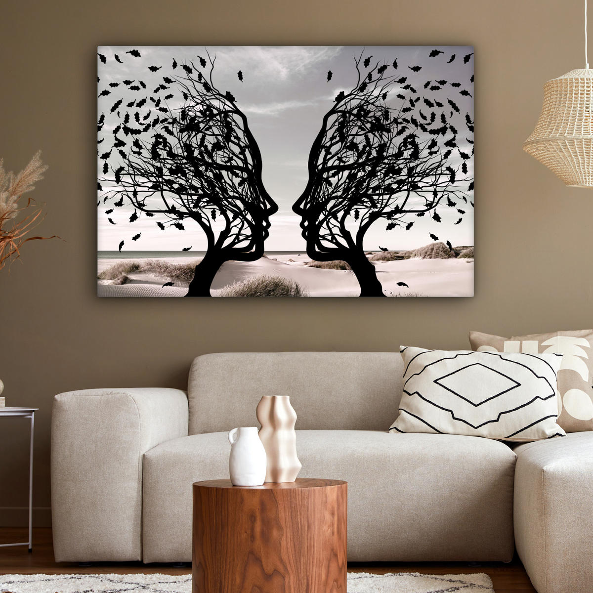 LEINWANDBILD Strand - Meer - Menschen - Baum - Moderne Kunst 150x100 cm - Hellgrau, Textil (150/100cm) - MuchoWow