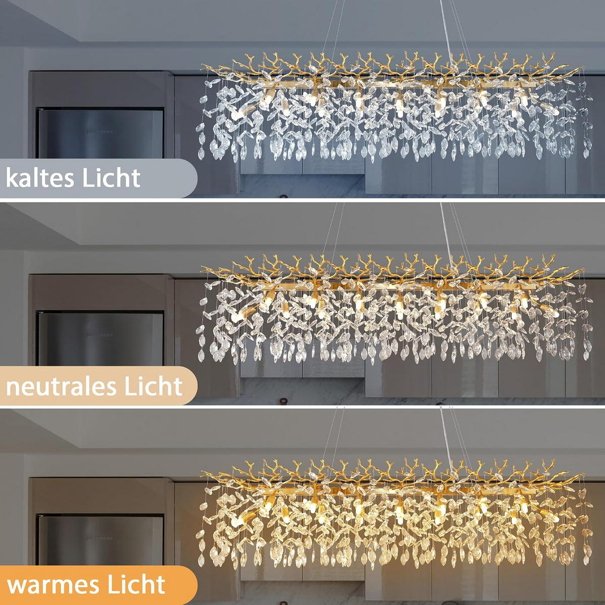 KRONLEUCHTER Rechteck 150 cm K9‑Kristall Baumzweig Gold für Esszimmer und Kücheninsel - Gelb, Naturmaterialien (114/31/29cm) - Surtime