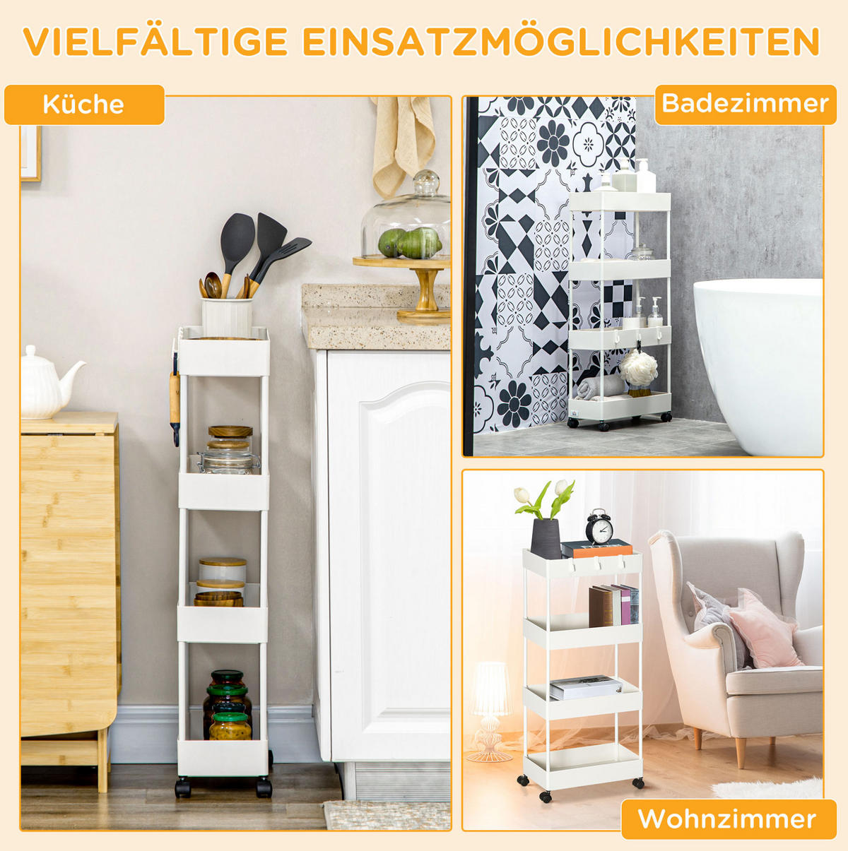 ROLLWAGEN mit 4 Ebenen 40 x 19 x 90 cm Weiß - Weiß, Metall (19/90/40cm) - Beauniv