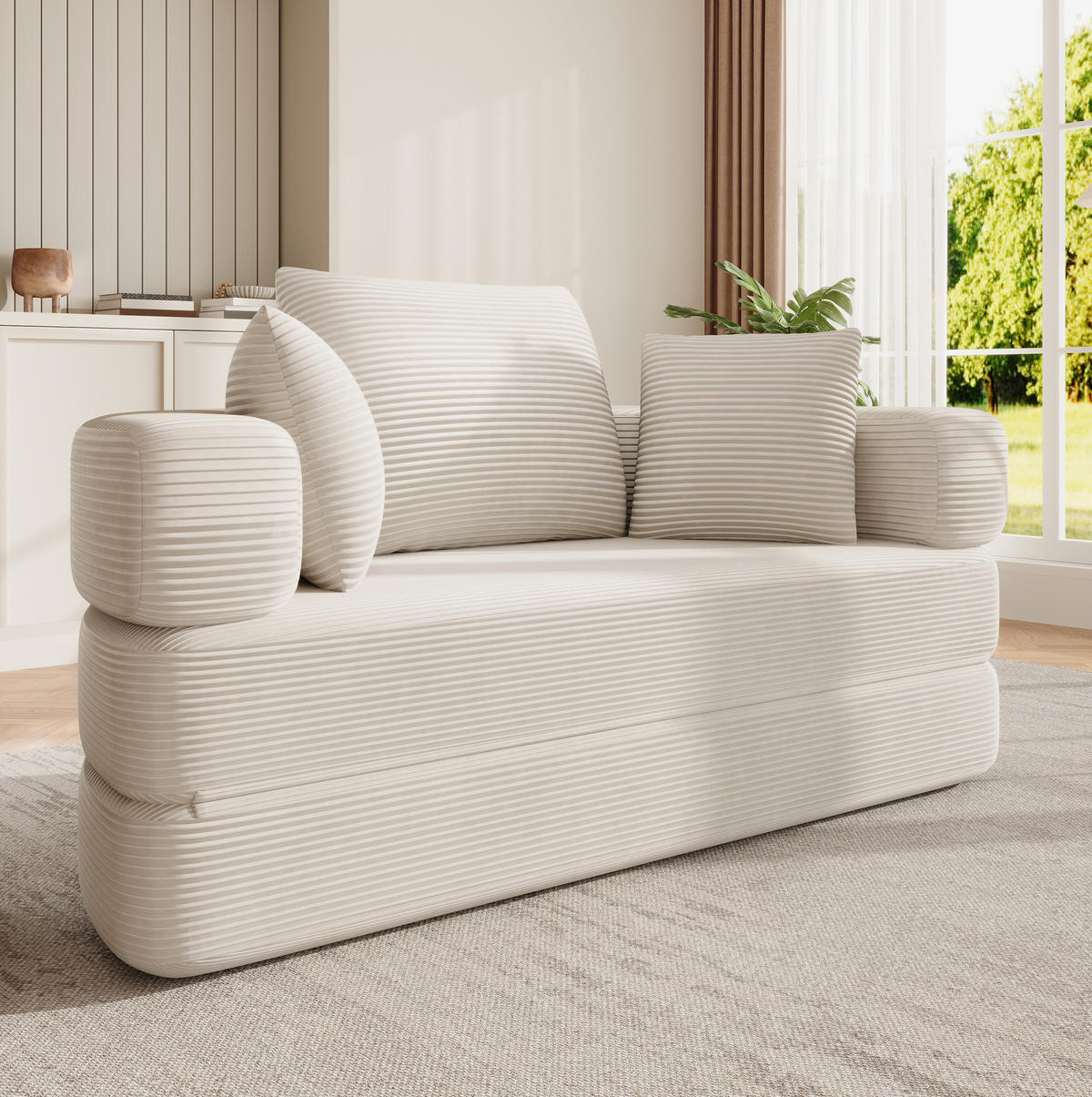 SOFABETT 2-in-1 173x176 cm Cord Light Beige mit 3 Kissen - Beige, Kunststoff (176/40/173cm) - Meubliv