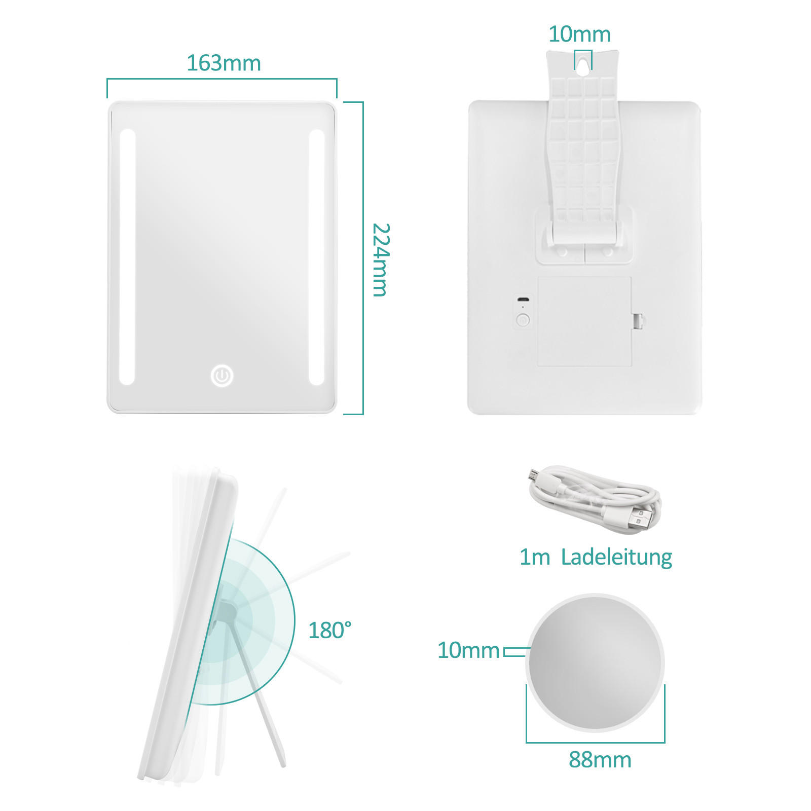 KOSMETIKSPIEGEL mit Licht mit Abnehmbare Saugnapfes, Weiß, 22,4/16,3 cm - Weiß, Glas (16.3/22.4/22.4cm) - EMKE