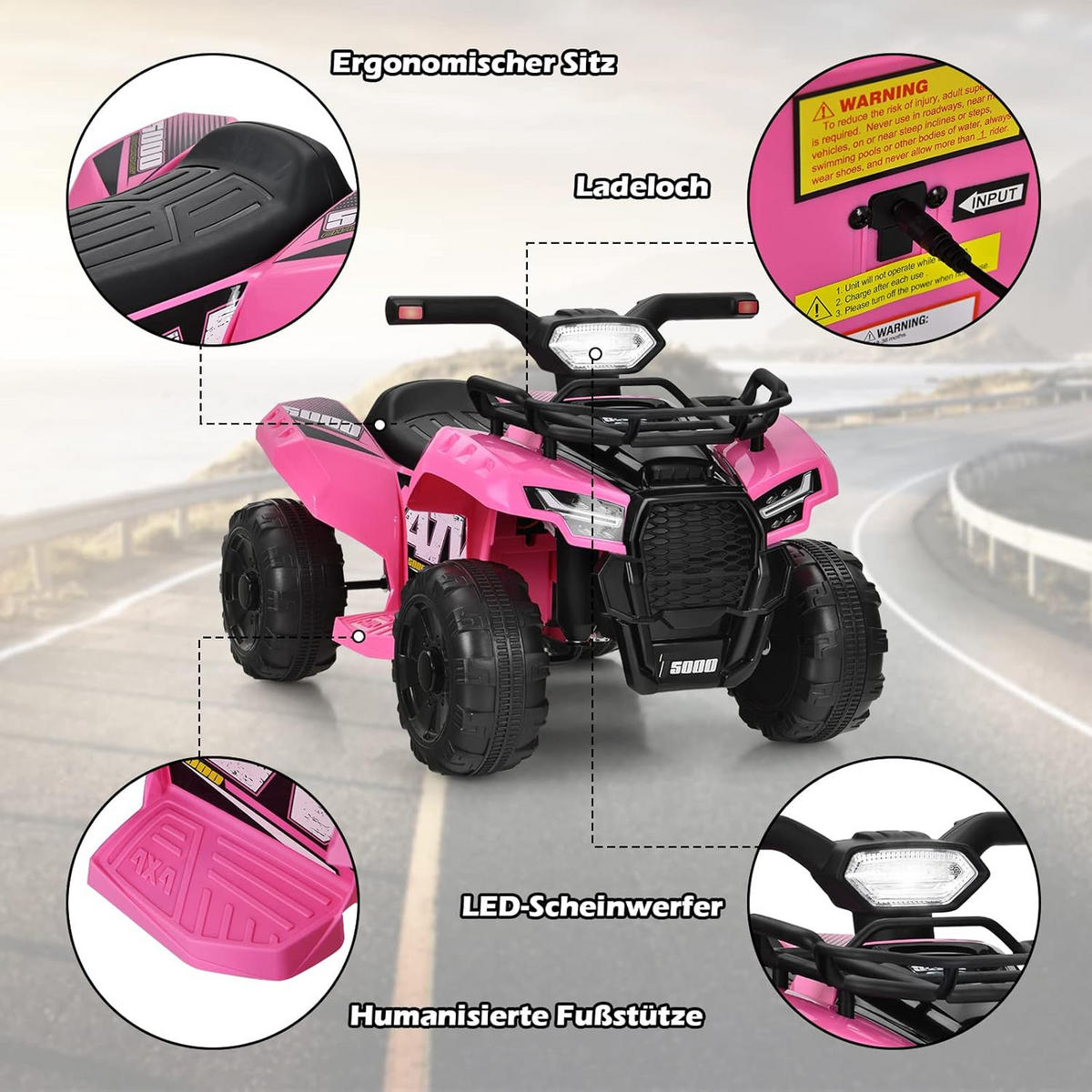 KINDERQUAD 6V Elektro Rosa - Pink, Kunststoff (66/42/44cm) - COSTWAY