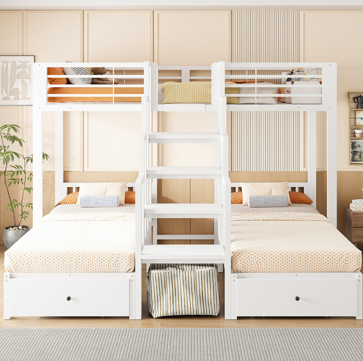 ETAGENBETT aus Metall und Holz 90x200 cm Weiß mit Treppe, Sicherheitsgeländern und 2 Schubladen - Weiß, Metall (90/200cm) - Modfu