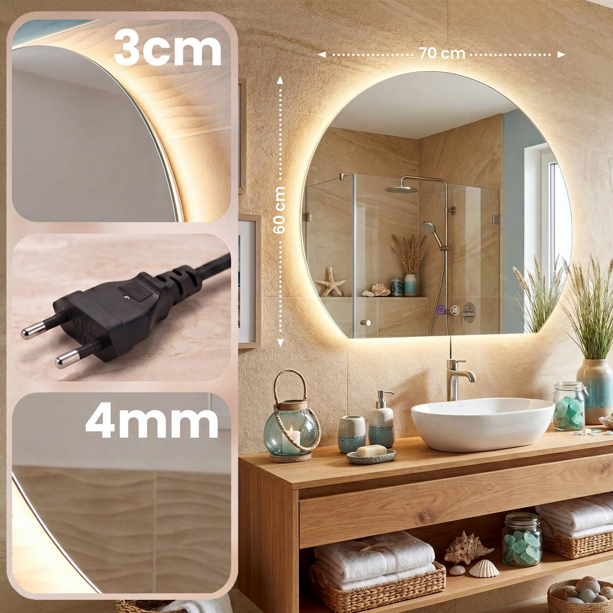 BADEZIMMERSPIEGEL flach 70/3/60 cm Glas Klarglas - Klar, Glas (70/60/3cm) - CLP