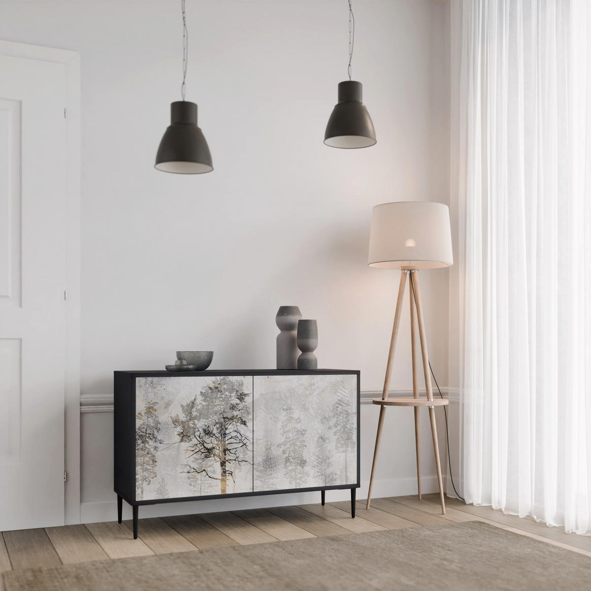 SIDEBOARD FADE IN THE TREES, Eicheneffekt, 111x42x77,5 cm, 2 Türen - Eichefarben/Buchefarben, Holzwerkstoff/Buchenholz (111/77.5/42cm) - SpaceRebels